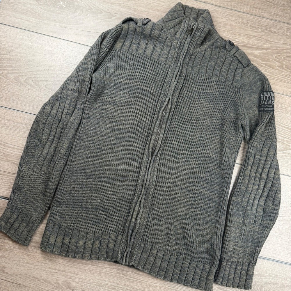 Calvin Klein Jeans Mens Full Zip Ribbed Cardigan Sweater Grey Medium